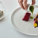 a person pouring sauce on a plate with a succulent